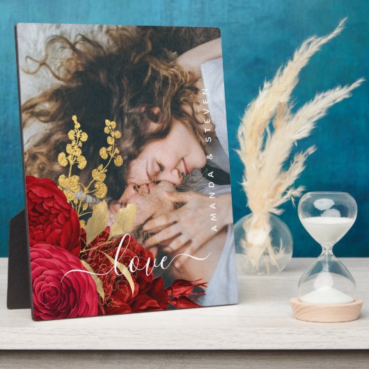 Elegant Burgundy Floral Love Script Couple Foto Fotoplaat (Zijkant)