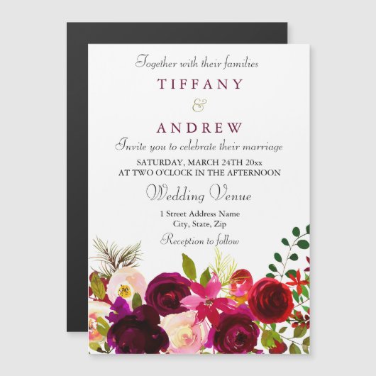 Elegant Burgundy Floral Magnetic Wedding Invite Magnetische Uitnodiging (Voorkant / Achterkant)