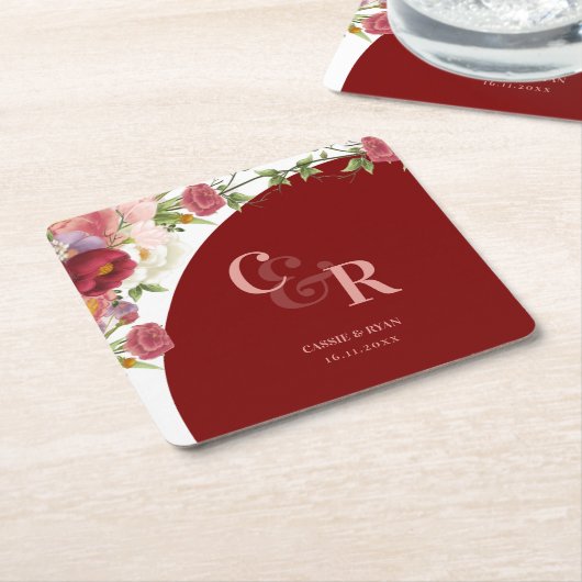 Elegant Burgundy Floral Monogram Wedding Party Kartonnen Onderzetters (Schuin)