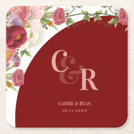 Elegant Burgundy Floral Monogram Wedding Party Kartonnen Onderzetters