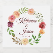 Elegant Burgundy Floral Peach Peony Wedding Sparkling Wijnetiket (Enkel label)