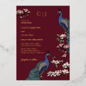 Elegant Burgundy Floral Peacock Wedding Folie Uitnodiging (Voorkant)