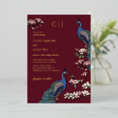 Elegant Burgundy Floral Peacock Wedding Folie Uitnodiging (Staand Voorkant)