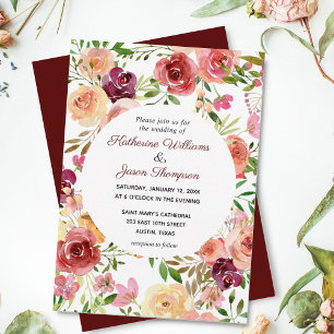 Elegant Burgundy Floral Peony Evening Wedding Kaart