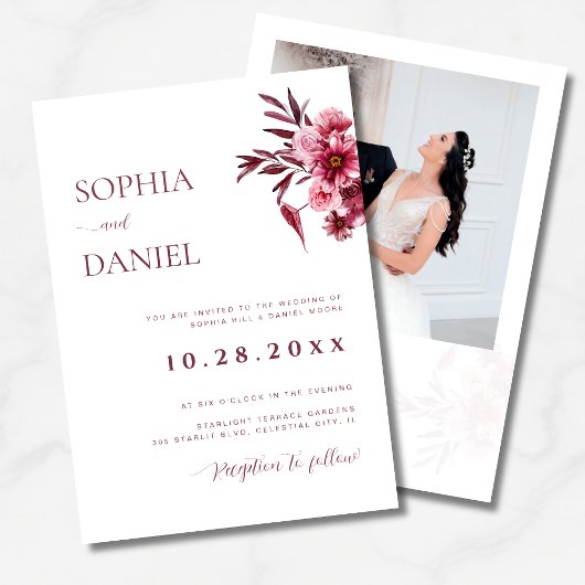 Elegant Burgundy Floral Photo Wedding Invitation Kaart
