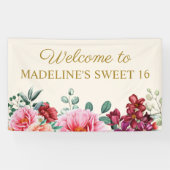 Elegant Burgundy Floral Pink Peonies Sweet 16 Spandoek (Horizontaal)