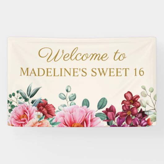 Elegant Burgundy Floral Pink Peonies Sweet 16 Spandoek (Horizontaal)