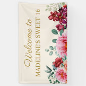 Elegant Burgundy Floral Pink Peonies Sweet 16 Spandoek (Verticaal)