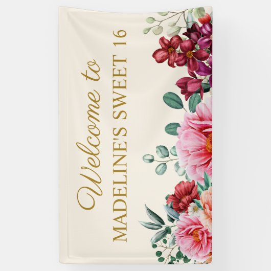 Elegant Burgundy Floral Pink Peonies Sweet 16 Spandoek (Verticaal)
