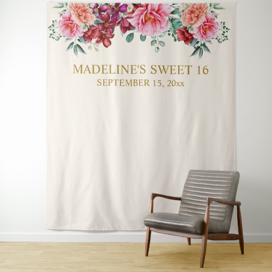 Elegant Burgundy Floral Pink Peonies Sweet 16 Wandkleed (In situ)