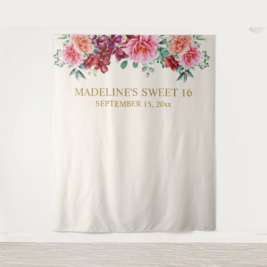 Elegant Burgundy Floral Pink Peonies Sweet 16 Wandkleed (Voorkant)