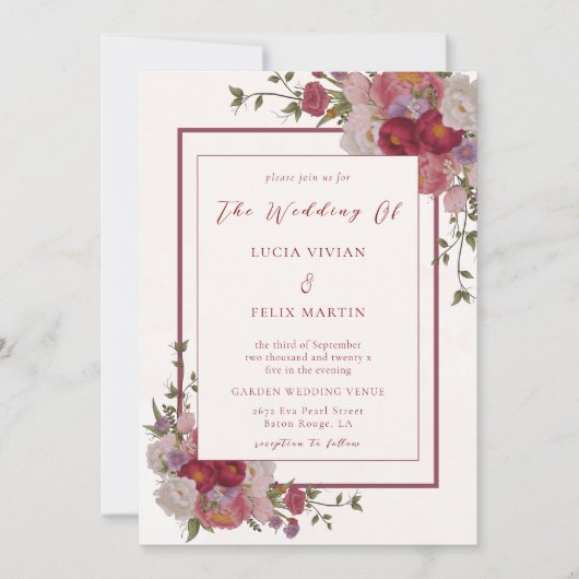 Elegant Burgundy Floral QR Code Fotohuwelijk Kaart (Voorkant)