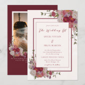 Elegant Burgundy Floral QR Code Fotohuwelijk Kaart (Voorkant / Achterkant)