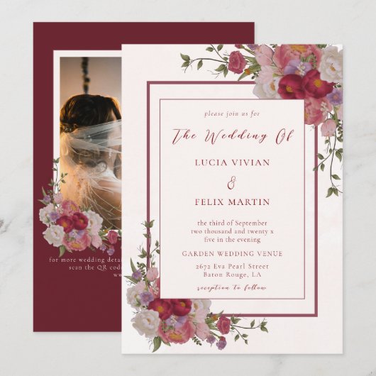 Elegant Burgundy Floral QR Code Fotohuwelijk Kaart (Voorkant / Achterkant)