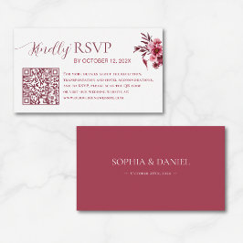 Elegant Burgundy Floral QR Code Wedding RSVP Card Informatiekaartje
