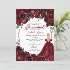 Elegant Burgundy Floral Quinceanera Kaart