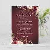 Elegant Burgundy Floral Quinceanera Kaart (Staand voorkant)