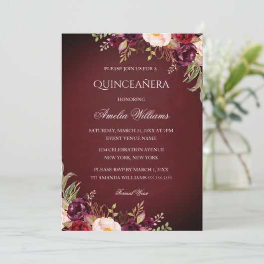 Elegant Burgundy Floral Quinceanera Kaart (Staand voorkant)