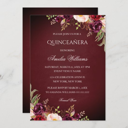 Elegant Burgundy Floral Quinceanera Kaart (Voorkant / Achterkant)