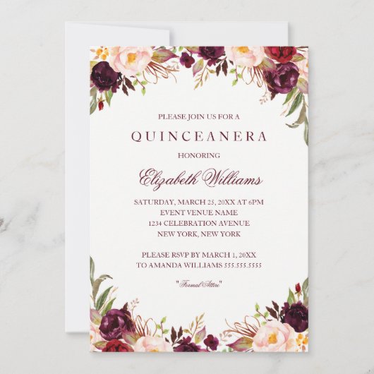 Elegant Burgundy Floral Quinceanera Kaart (Voorkant)