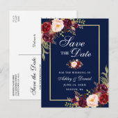 Elegant Burgundy Floral redt de datum Gold Blue Aankondigingskaart (Voorkant / Achterkant)
