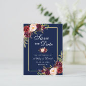 Elegant Burgundy Floral redt de datum Gold Blue Aankondigingskaart (Staand voorkant)