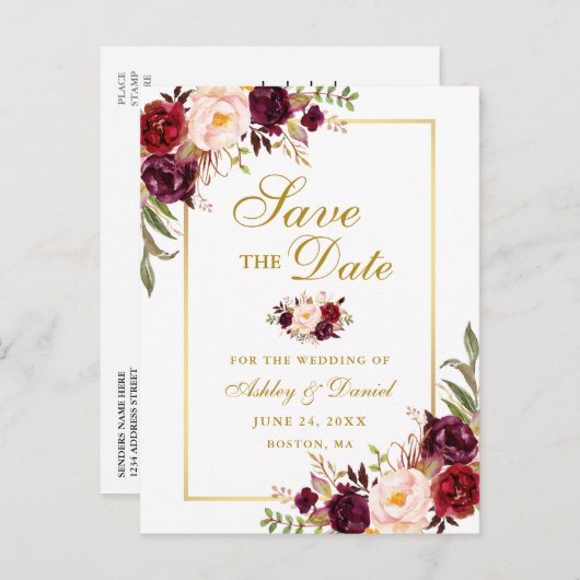 Elegant Burgundy Floral redt de datum goud Aankondigingskaart (Voorkant / Achterkant)