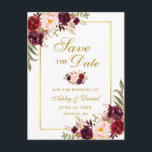 Elegant Burgundy Floral redt de datum goud Aankondigingskaart<br><div class="desc">Modern Elegant, Waterverf Burgundy Marsala Floral, Gold Save the Date Verloving Briefkaart</div>