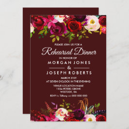 Elegant Burgundy Floral Rehearsal Dinner Invite Kaart