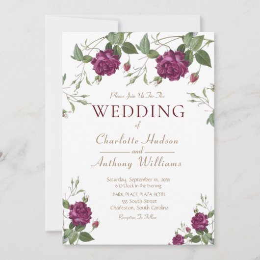 Elegant Burgundy Floral Rozen - bruiloft Kaart (Voorkant)