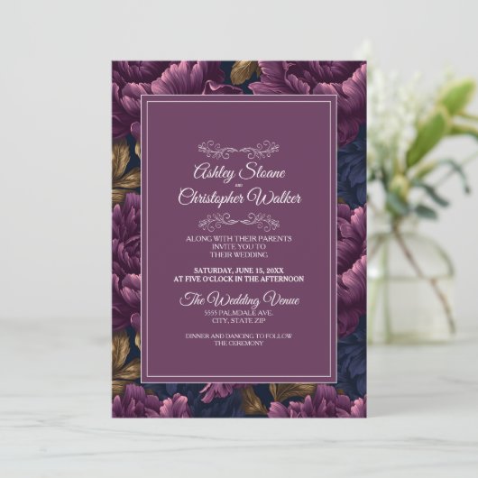 Elegant Burgundy Floral RSVP QR code Wedding Kaart (Staand voorkant)