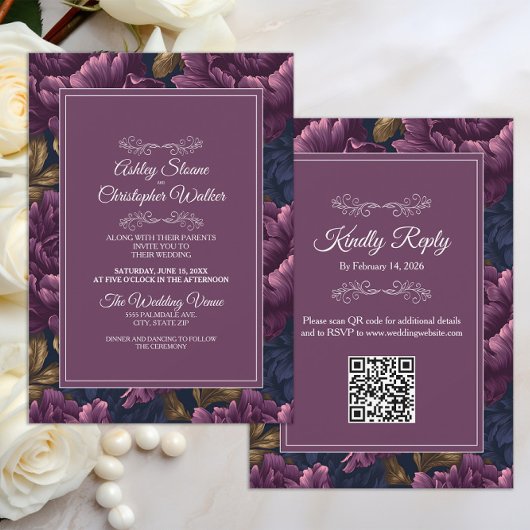 Elegant Burgundy Floral RSVP QR code Wedding Kaart