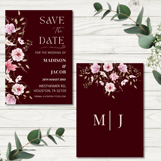 Elegant Burgundy Floral Save the Date Card Kaart