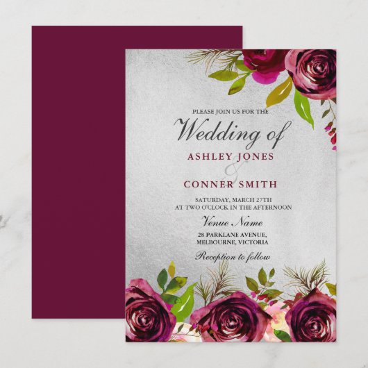 Elegant Burgundy Floral Silver Wedding Invite Kaart (Voorkant / Achterkant)