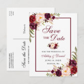 Elegant Burgundy Floral slaat de datum op Aankondigingskaart (Voorkant / Achterkant)