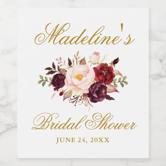 Elegant Burgundy Floral Vrijgezellenfeest Gold Wijn Etiket (Enkel label)