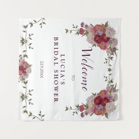 Elegant Burgundy Floral Vrijgezellenfeest Welkom Wandkleed (Voorkant (horizontaal))