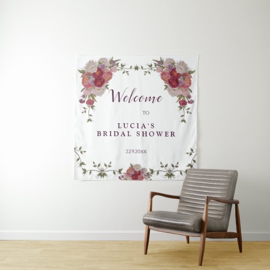 Elegant Burgundy Floral Vrijgezellenfeest Welkom Wandkleed (In situ)