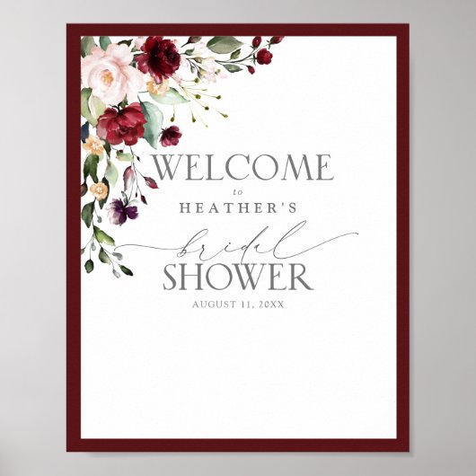 Elegant Burgundy Floral Waterverf Shower Welkom Poster (Voorkant)