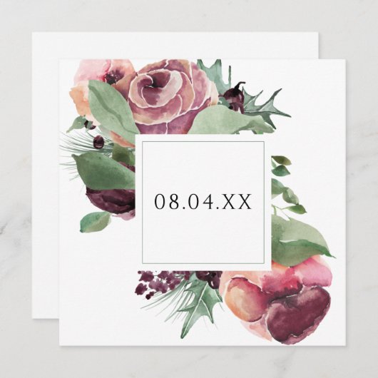 Elegant Burgundy Floral Waterverf Square Save The Date (Voorkant / Achterkant)