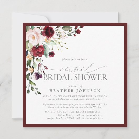 Elegant Burgundy Floral-Waterverf virtuele Shower Kaart (Voorkant)