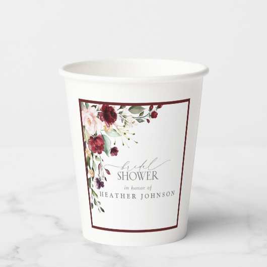 Elegant Burgundy Floral Waterverf Vrijgezellenfees Papieren Bekers (Achterkant)