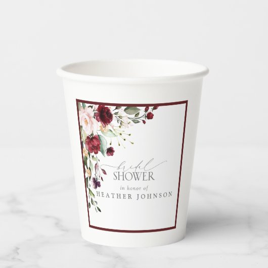 Elegant Burgundy Floral Waterverf Vrijgezellenfees Papieren Bekers (Voorkant)