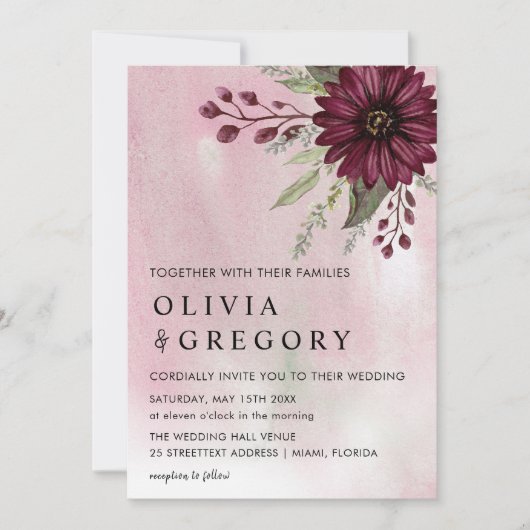 Elegant Burgundy Floral Waterverf Wedding Kaart (Voorkant)