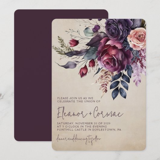 Elegant Burgundy Floral Waterverf Wedding Kaart (Voorkant / Achterkant)