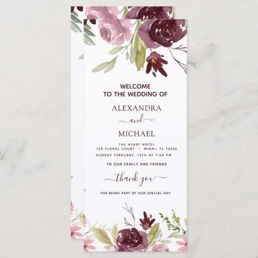 Elegant Burgundy Floral Waterverf Wedding Programm (Voorkant / Achterkant)
