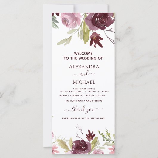 Elegant Burgundy Floral Waterverf Wedding Programm (Voorkant)