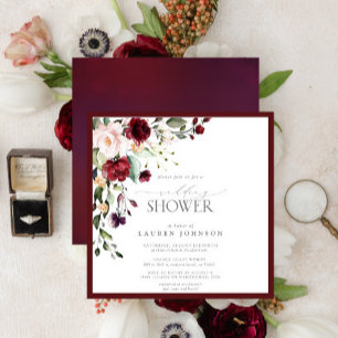 Elegant Burgundy Floral Waterverf Wedding Shower Kaart