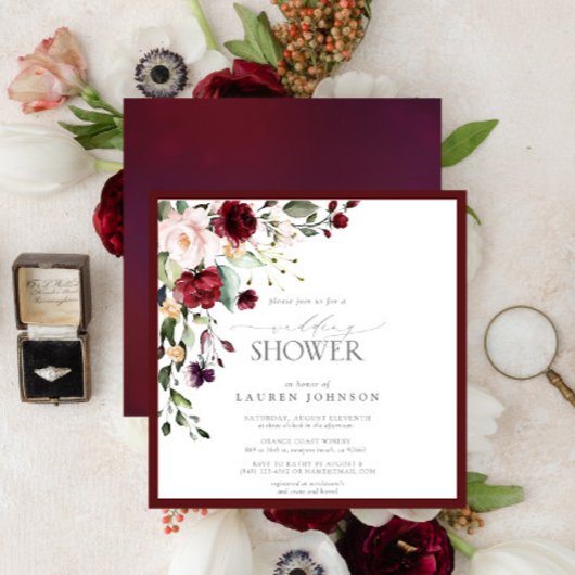 Elegant Burgundy Floral Waterverf Wedding Shower Kaart