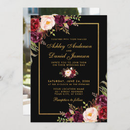 Elegant Burgundy Floral Wedding Black Gold Foto Kaart
